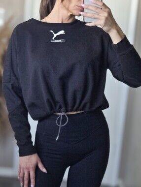 Puma Black Cropped Sweatshirt Cinch Hem Oversized Pullover Small Athleisure